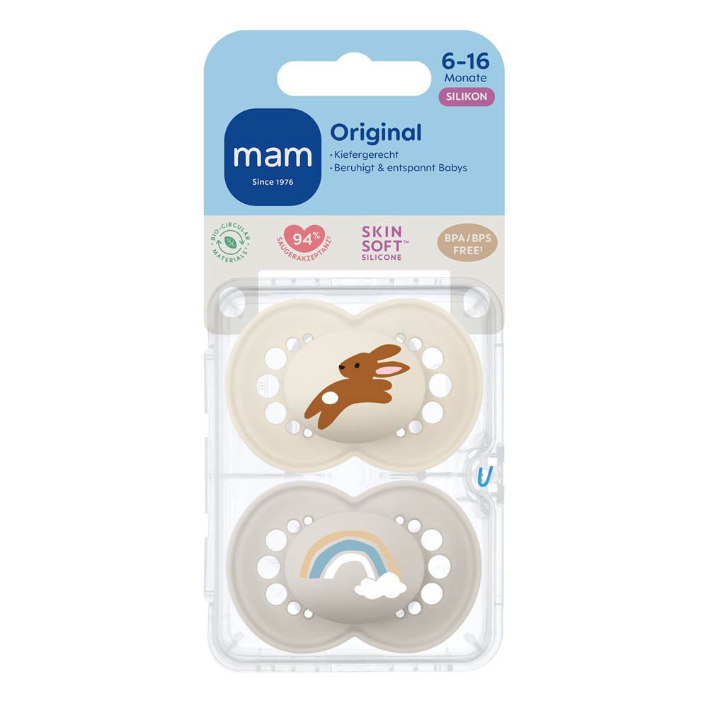Deux sucettes MAM Original (6-16 mois) avec motifs animaux, emballées.