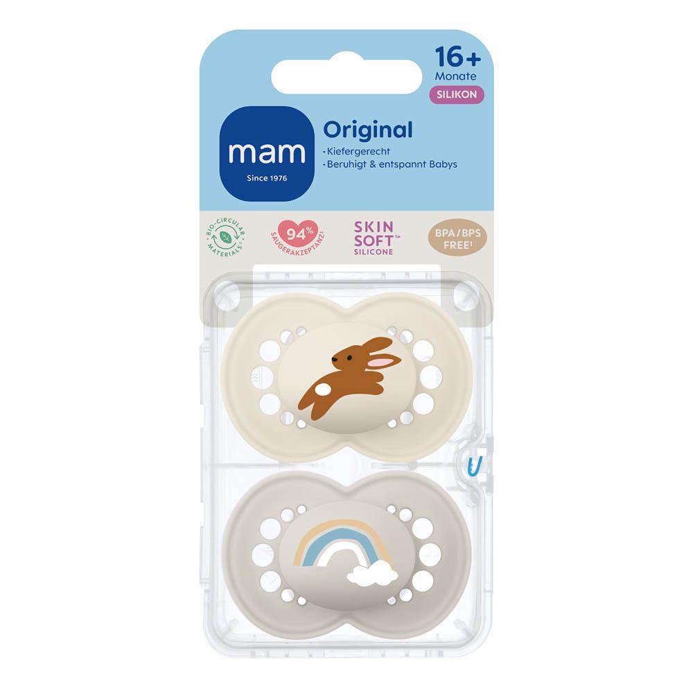 Verpakking met twee MAM Original Pure spenen (16+ maanden). Eén beige met konijn, één beige met regenboog.