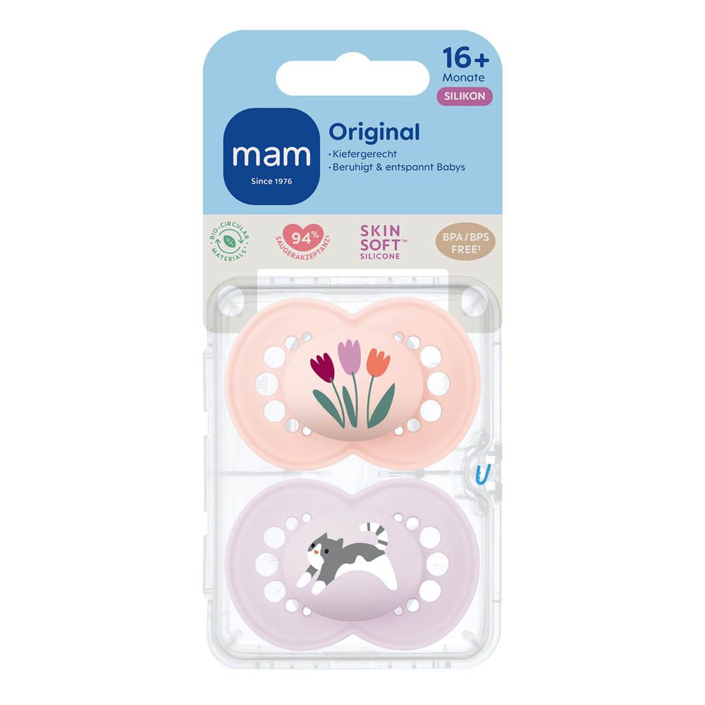 Twee MAM Original Pure siliconen fopspeen, 16+ maanden, roze met bloemen en lila met kat, in winkelverpakking.