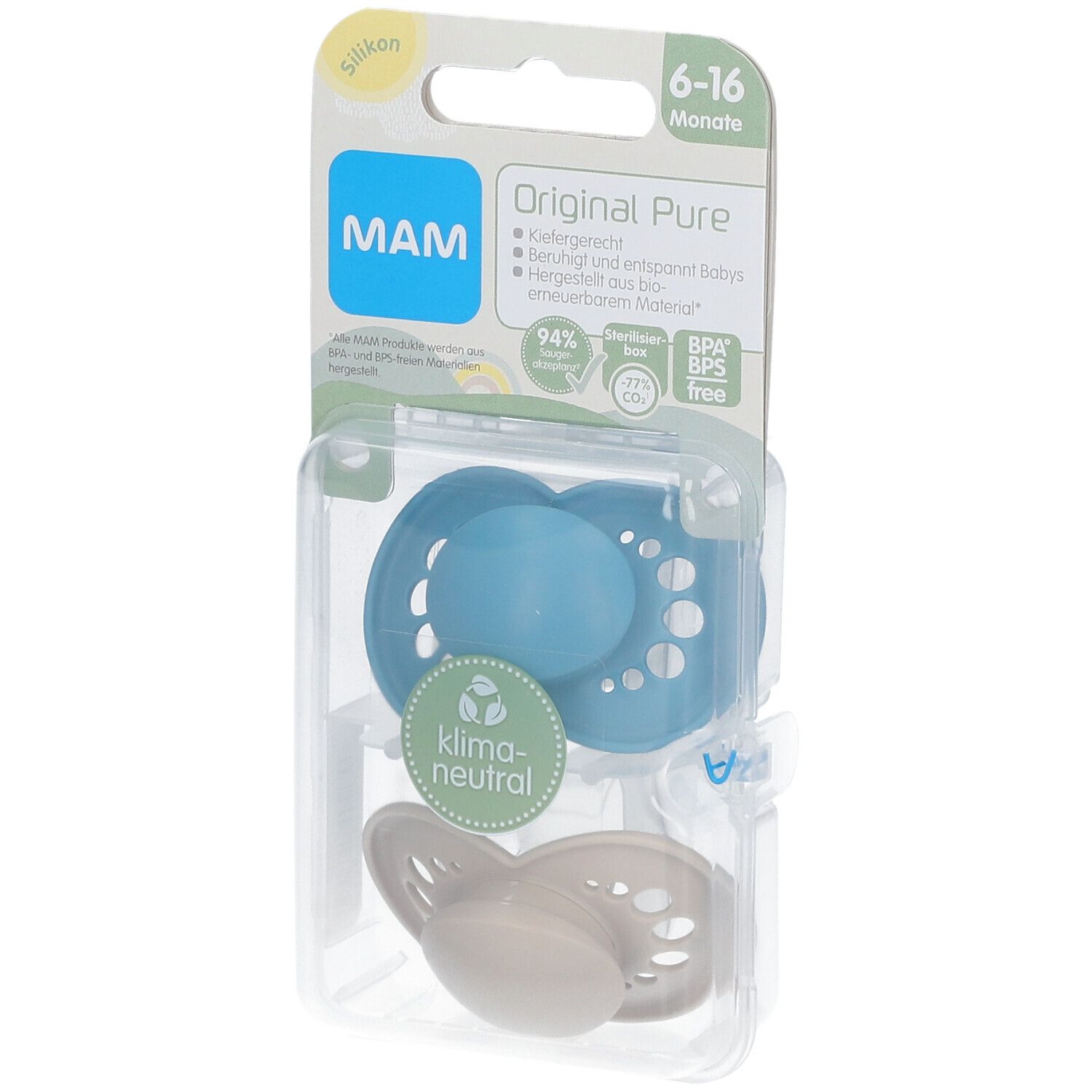 MAM Original Pure Plain Siliconen Fopspeen Blauw - Ecru 6-16 Maanden