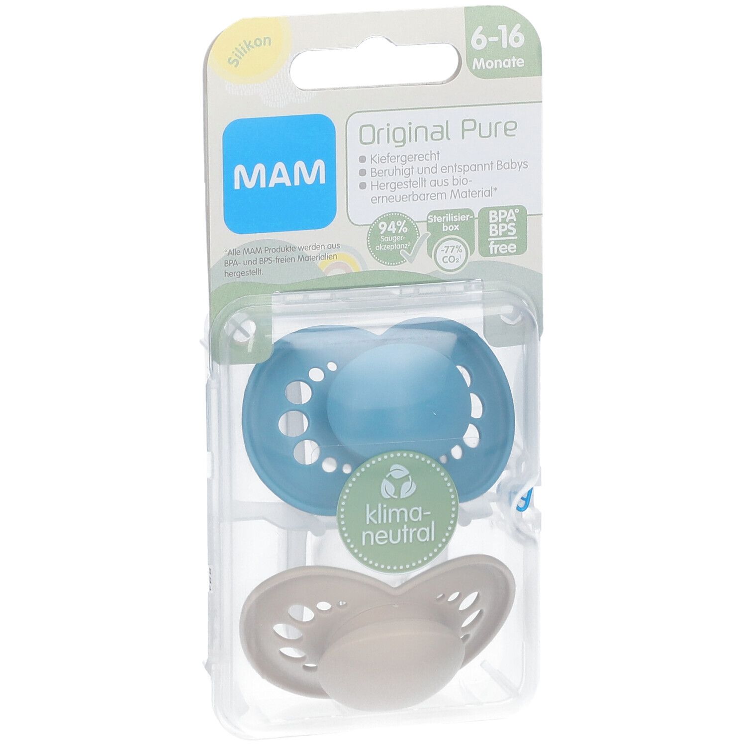 MAM Original Pure Plain Siliconen Fopspeen Blauw - Ecru 6-16 Maanden