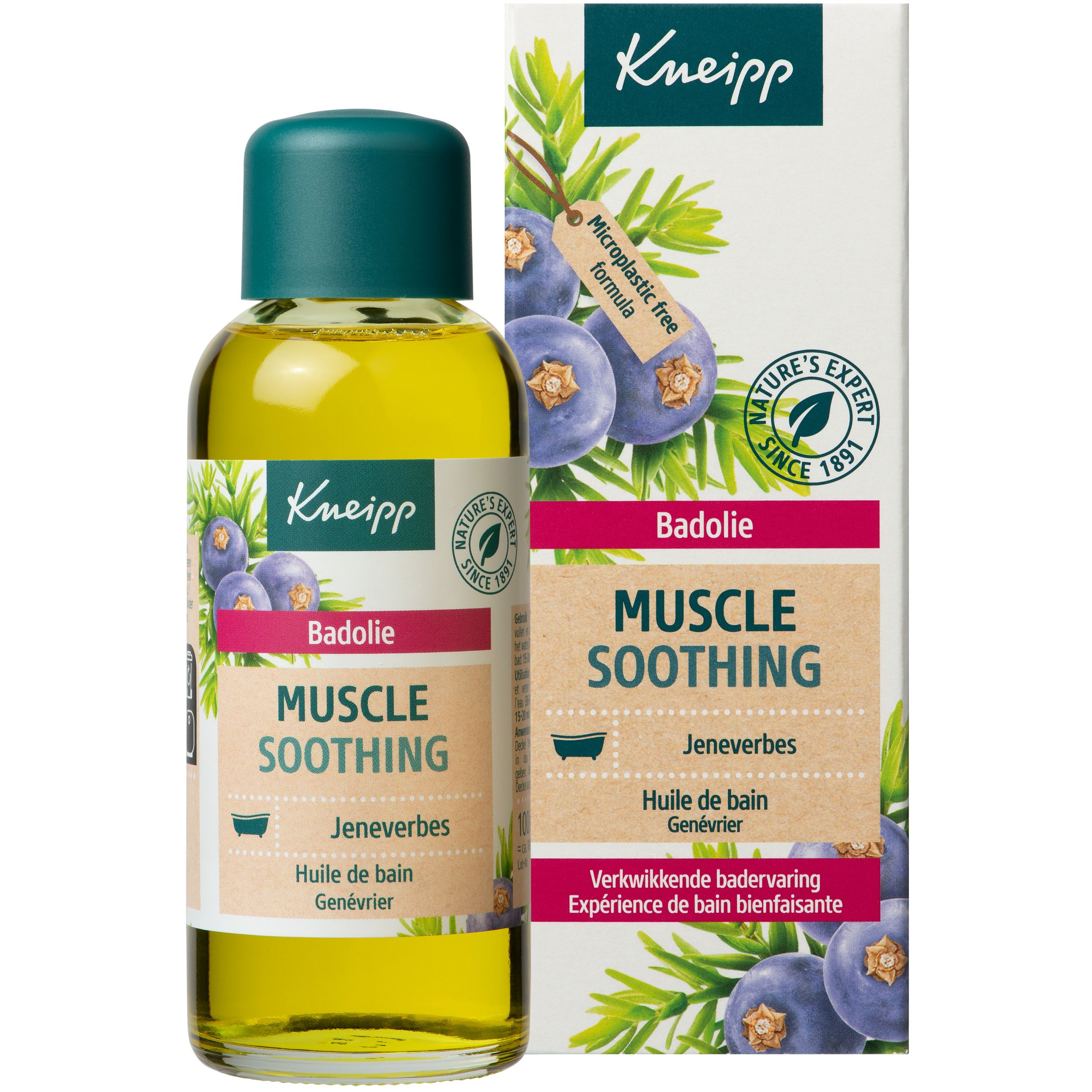 Verpakking en fles. Opschrift: Muscle Soothing, Huile de bain, Badolie. Kneipp logo. Microplastic free.