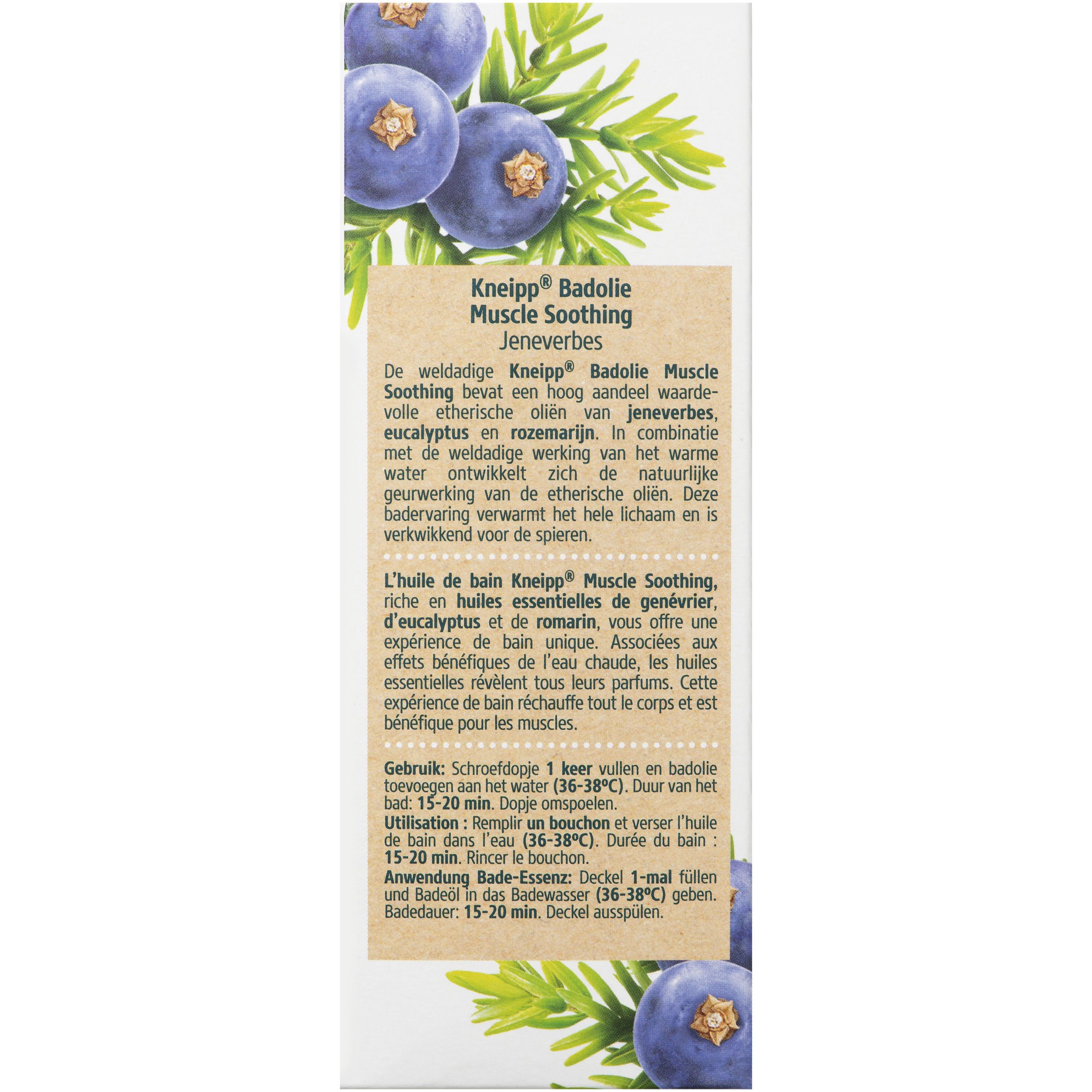 Dos de l'emballage. Texte et informations. Logo Kneipp. 100 ml.