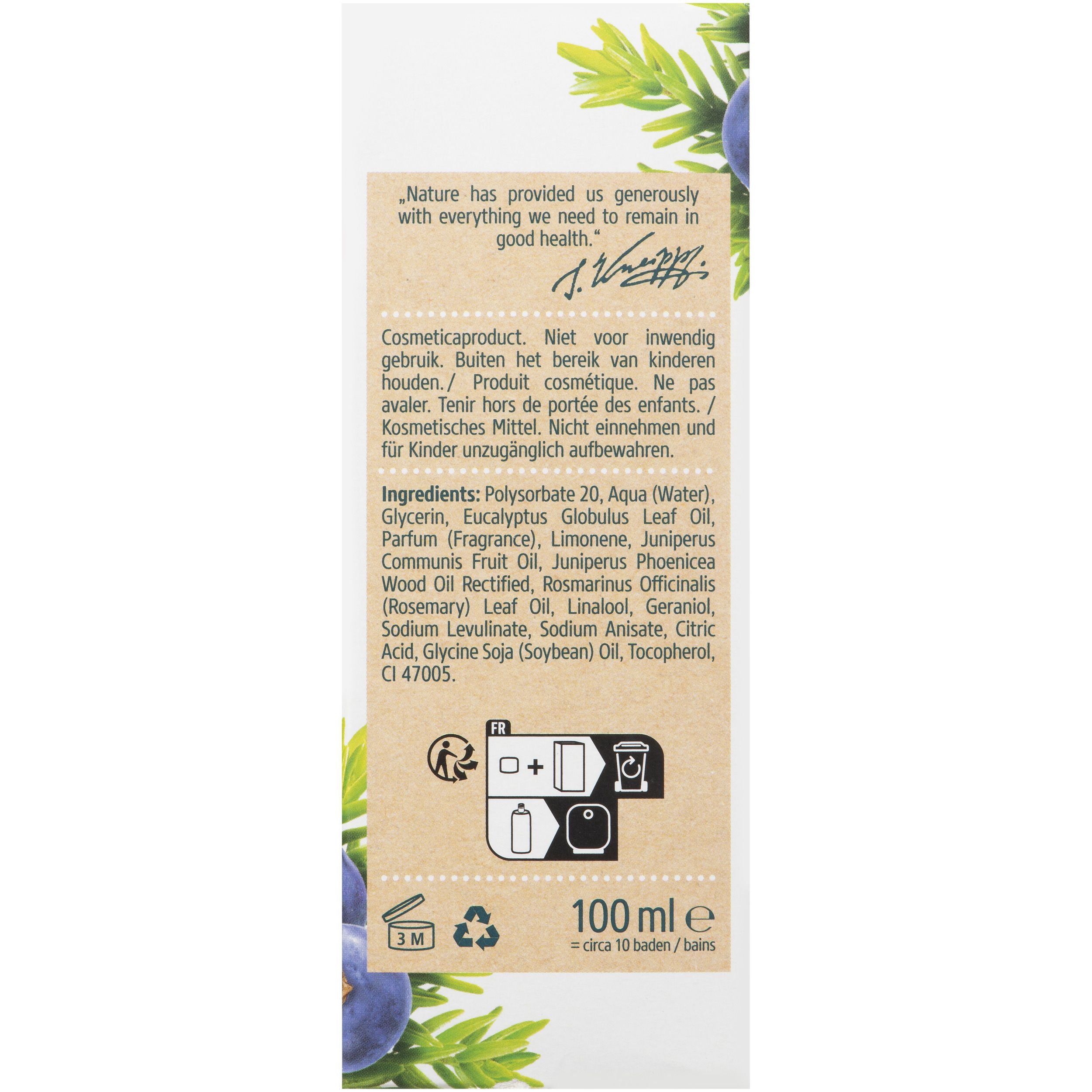 Flacon de liquide avec bouchon vert. Inscription : Muscle Soothing, Huile de bain, Badolie. Logo Kneipp.