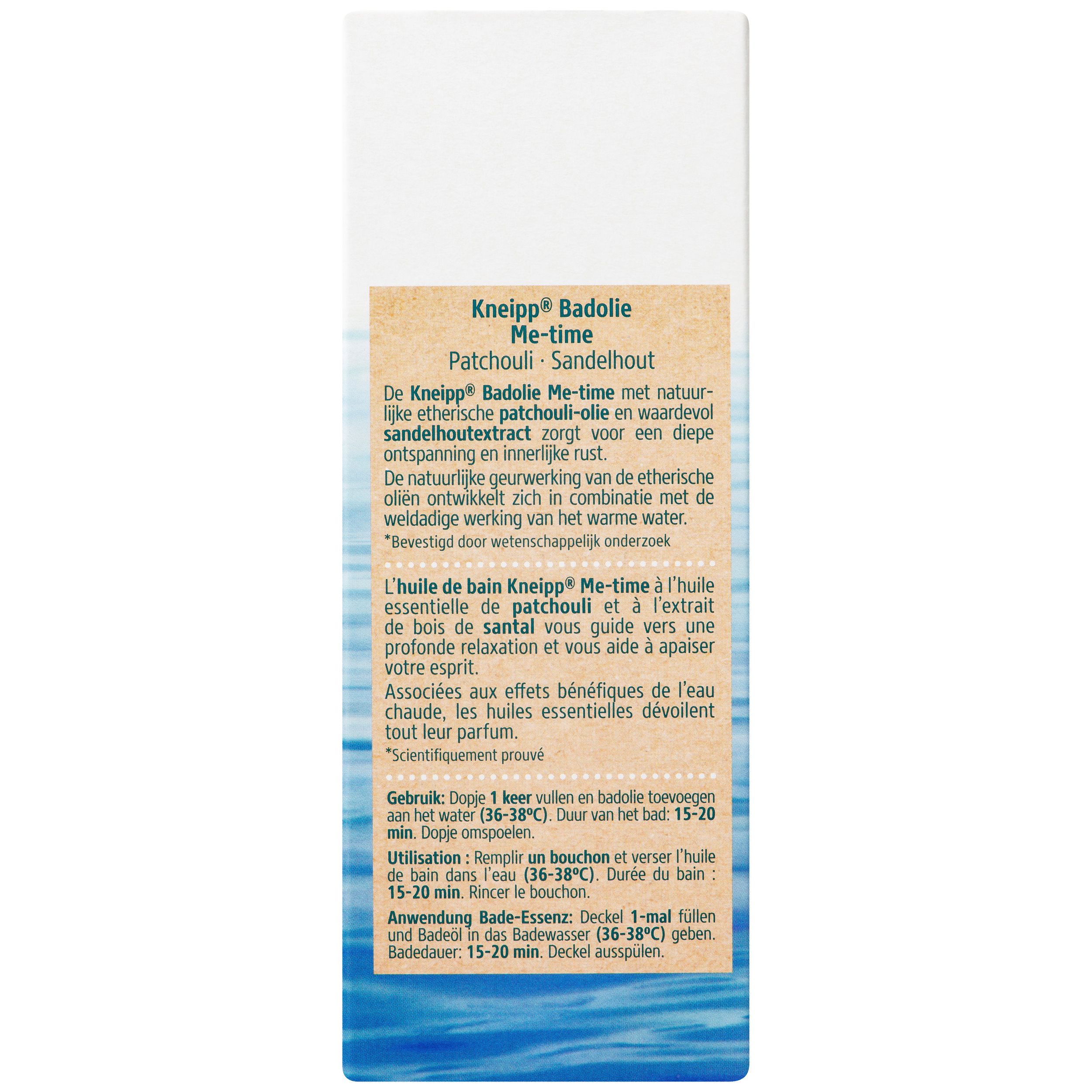 Dos de l'emballage du produit. Texte en plusieurs langues. Kneipp Badolie Me-time.