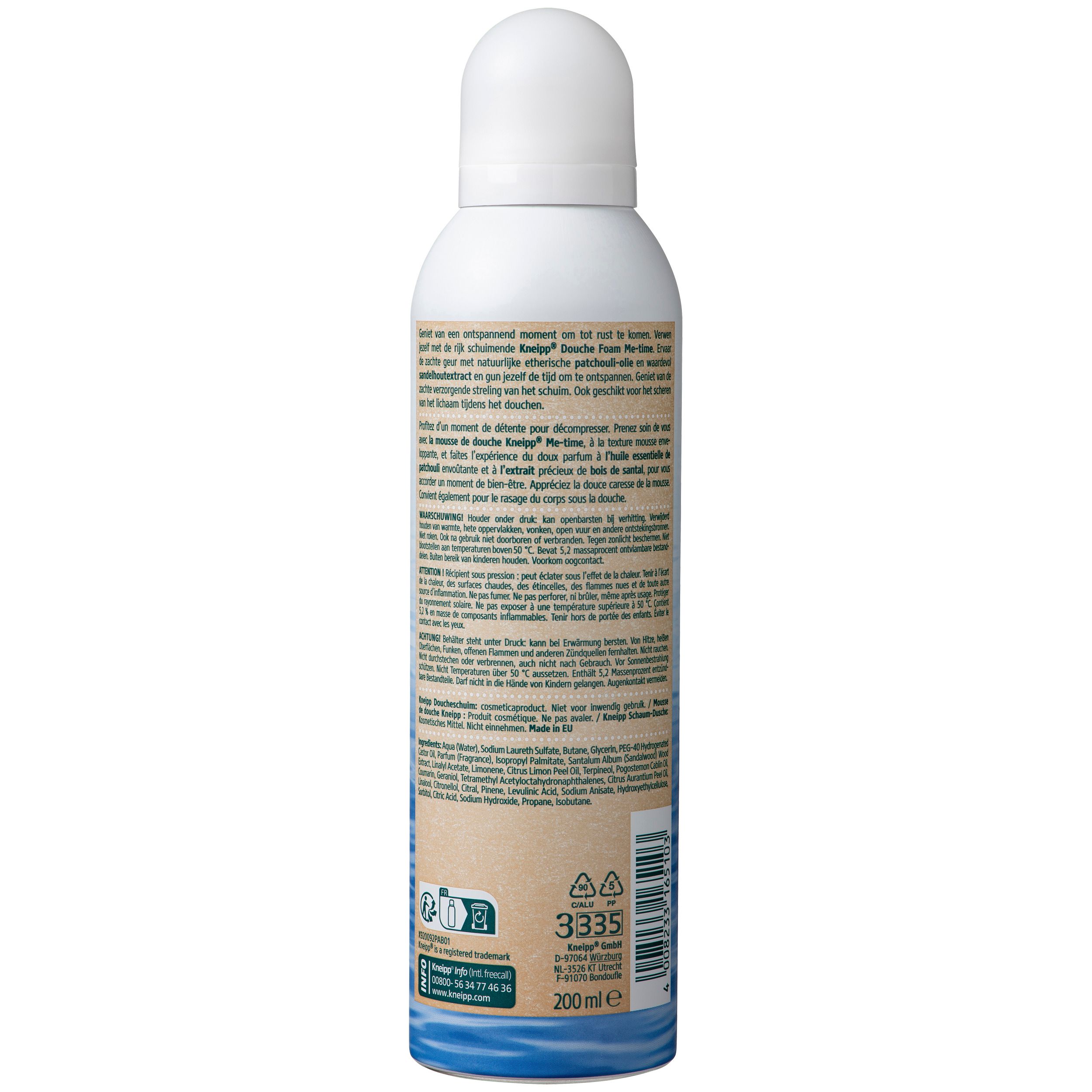 Dos du flacon de mousse de douche Kneipp. Emballage blanc et bleu avec texte. Texte : What we stand for, 200ml.