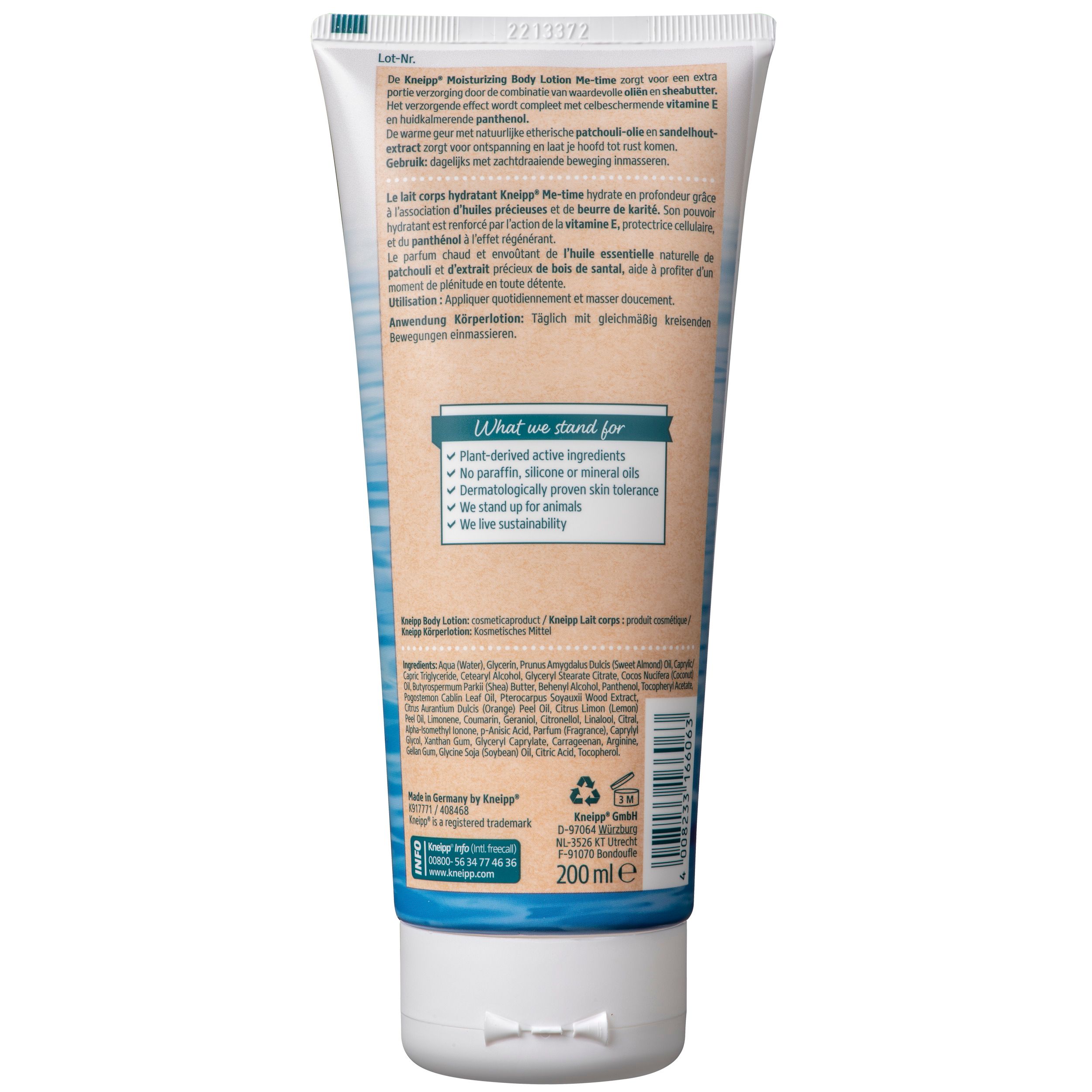 Achterkant van de tube. Tekst in meerdere talen. Bevat informatie over ingrediënten en fabrikant. 200 ml.