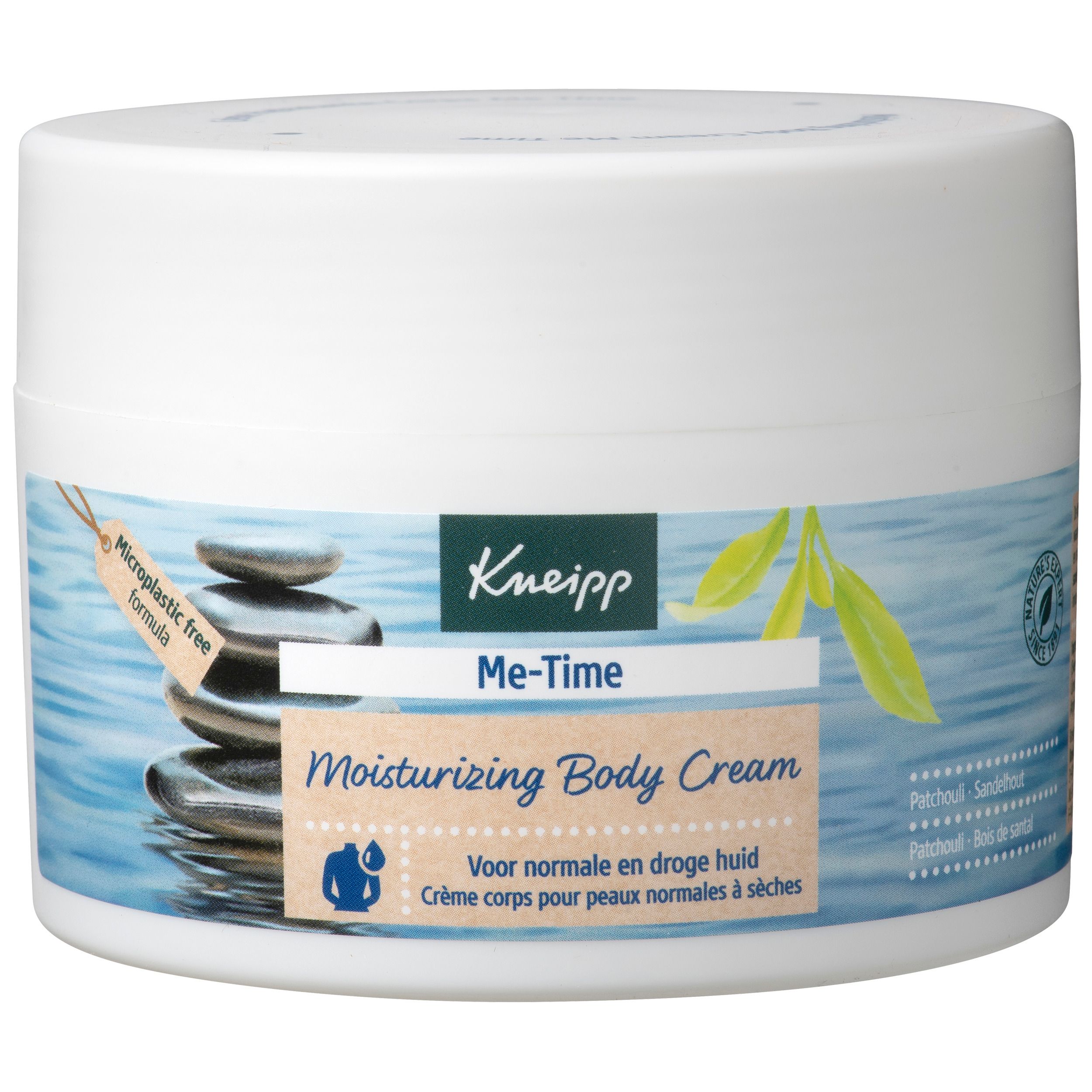 Pot blanc Kneipp Me-Time Moisturizing Body Cream. Inscriptions et illustrations. Couvercle avec points.