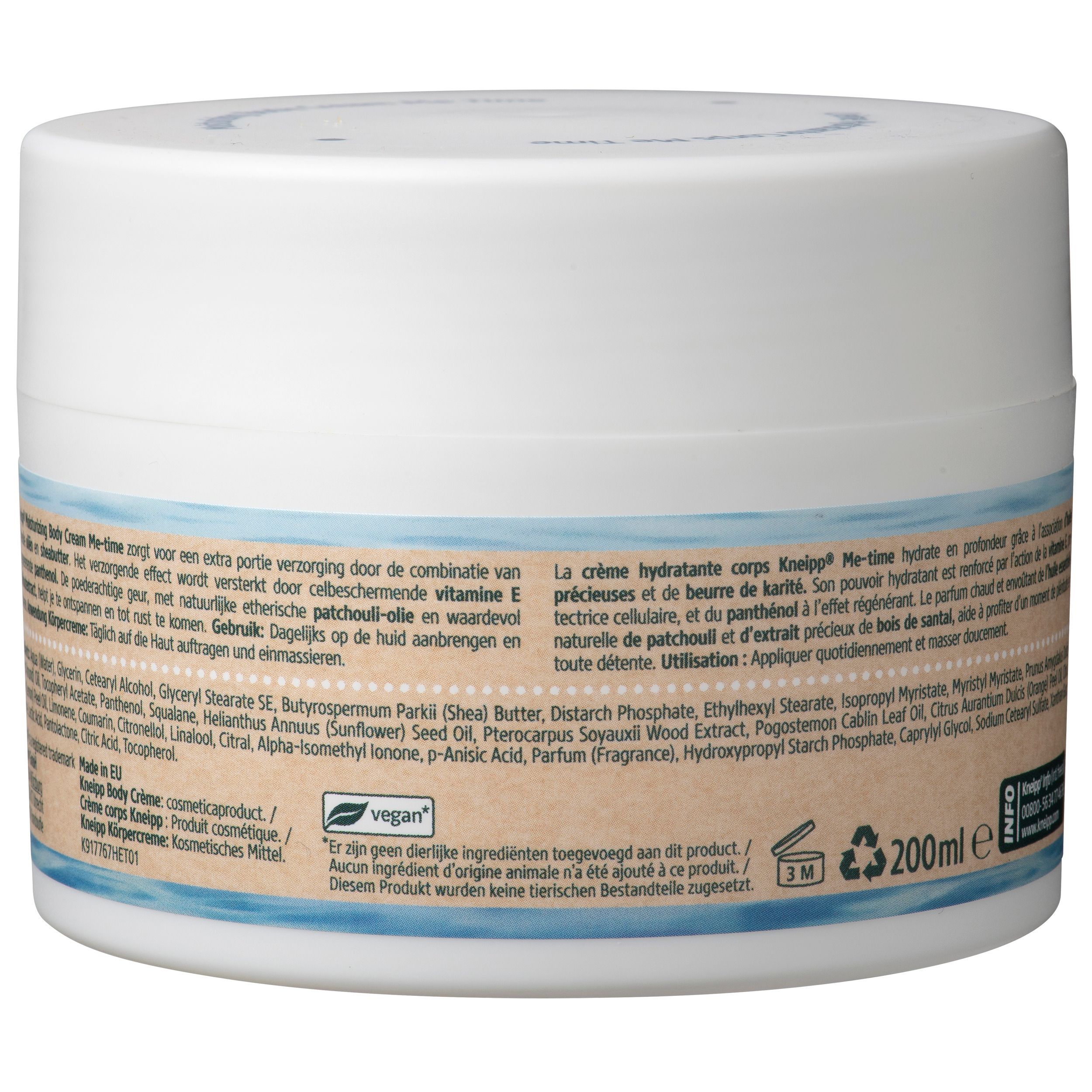 Achterkant van de witte pot. Tekst en ingrediënten. Sticker met stenen en bladeren. Vegan logo.