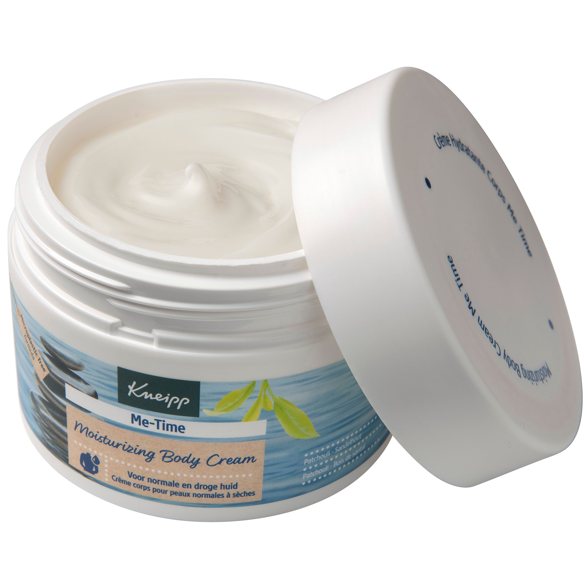 Pot blanc ouvert. Crème visible. Kneipp Me-Time Moisturizing Body Cream. Inscriptions et illustrations.