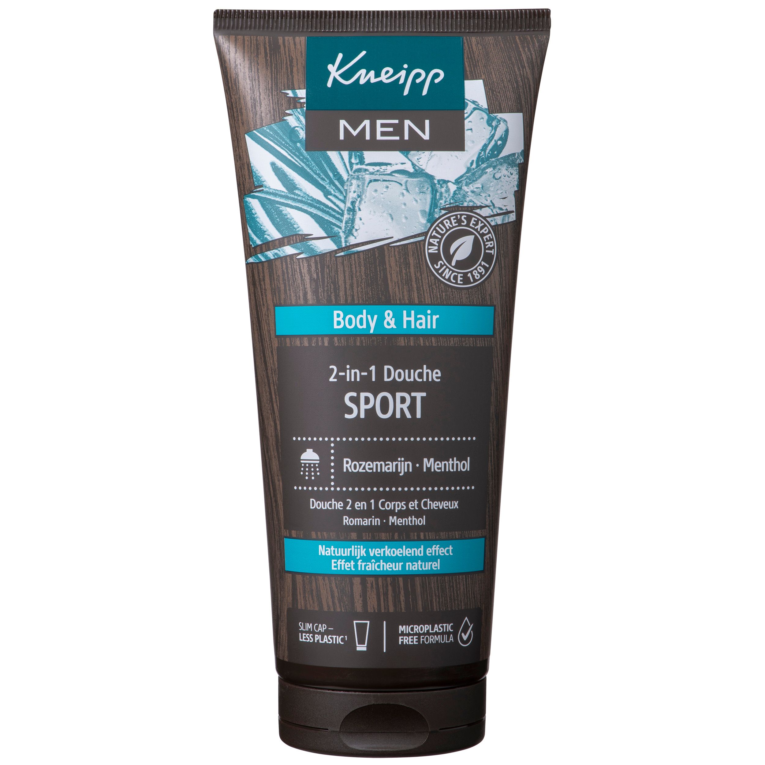 Tube de gel douche Kneipp Men Sport 2-en-1 corps et cheveux. Inscription: Romarin - Menthol. Tube noir avec texte bleu.