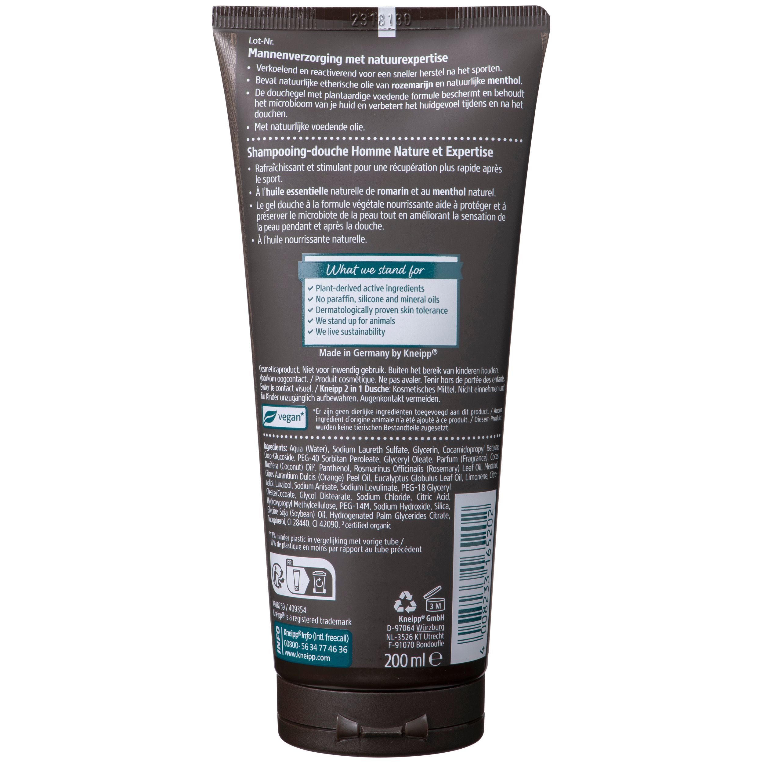 Achterkant van de douchegel tube. Tekst: Kneipp, 2-in-1 Douche Sport, 200 ml. Ingrediënten en duurzaamheidsinformatie.