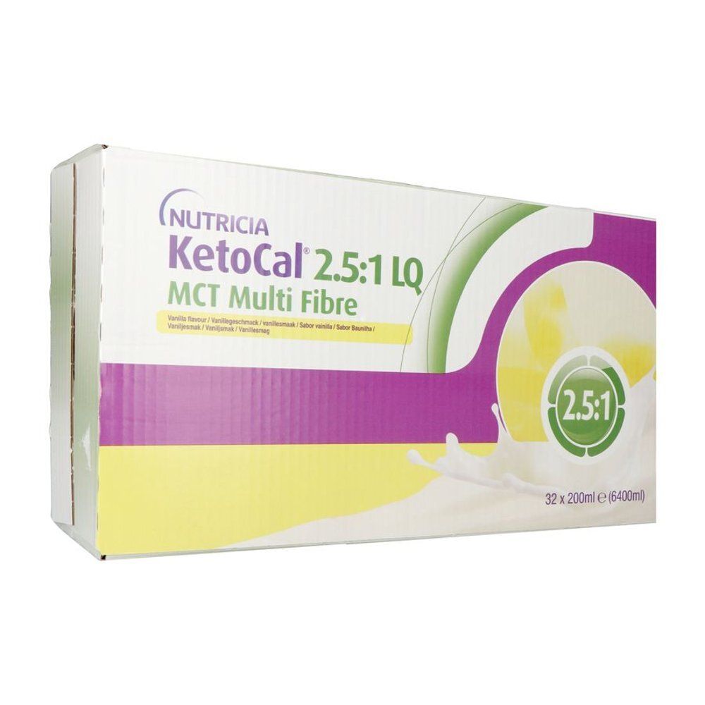 Doos Nutricia KetoCal 2.5:1 LQ MCT Multi Fibre. Wit, paars en geel. 32 flessen. Productnaam en logo.