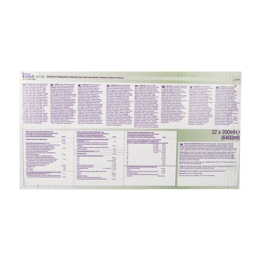 Dos de l'emballage Nutricia KetoCal 2.5:1 LQ MCT Multi Fibre. Texte et informations nutritionnelles. 32 x 200ml.