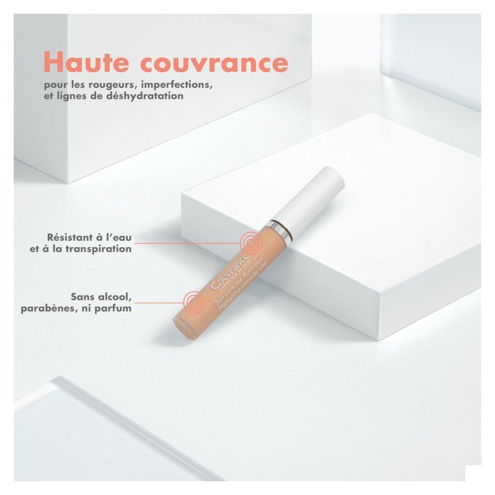 Correcteur de teint beige avec bouchon blanc. Inscription Couvrance.