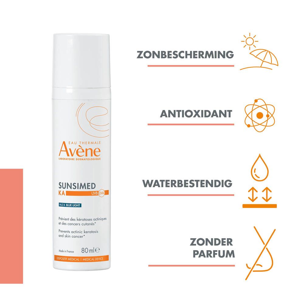 Fles Avène Solaire Sunsimed KA SPF 50+ en tekst. Diagram met symbolen.