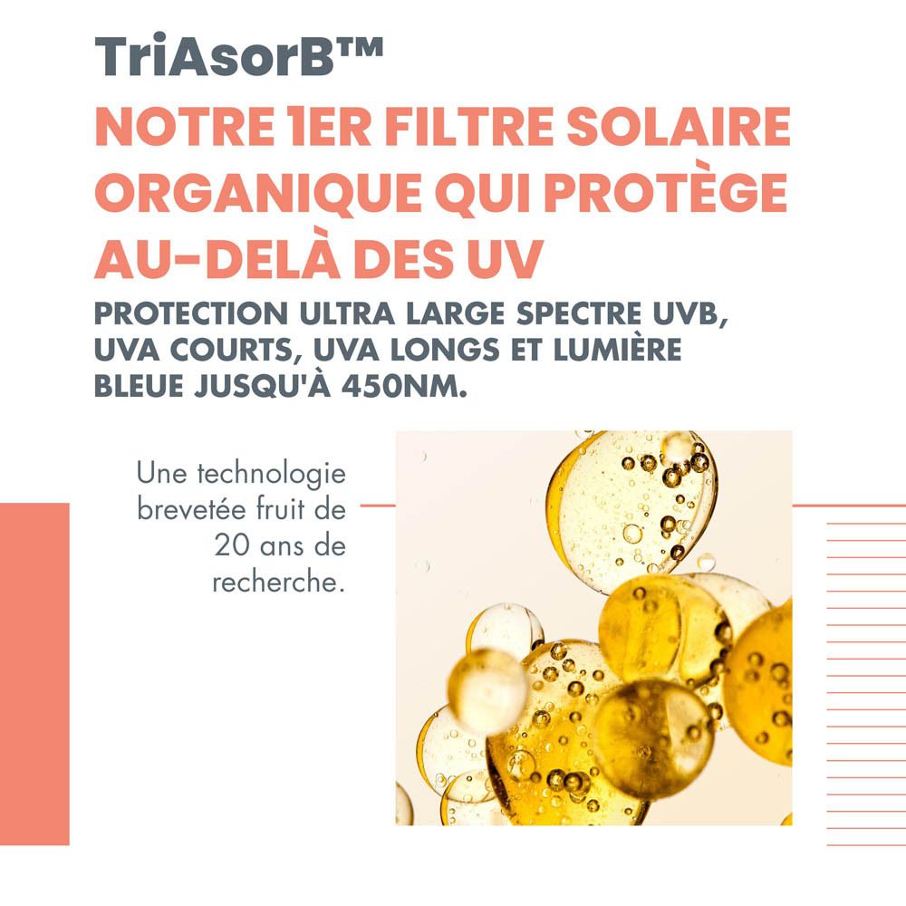 Flacon blanc Avène Solaire Sunsimed KA. Texte: Blue Light, SPF 50+, pour peaux à risque.