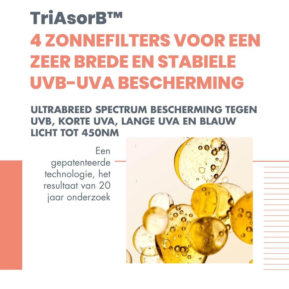 Diagram met symbolen en tekst. Fles Avène Solaire Sunsimed KA SPF 50+.