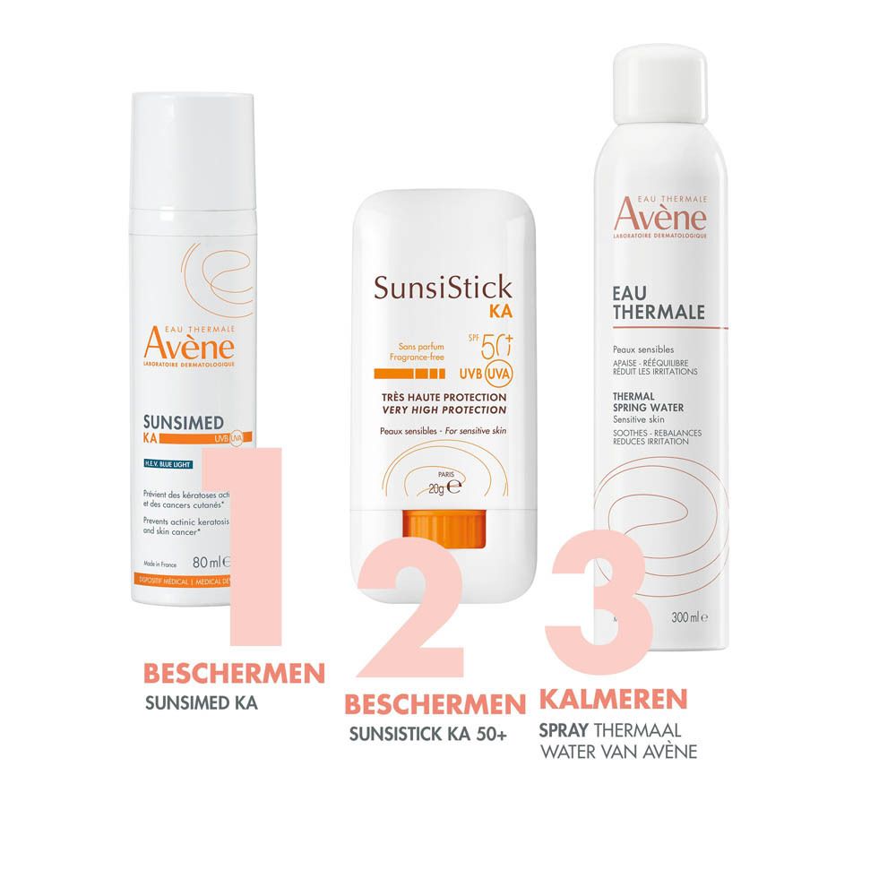 Drie producten: Avène Solaire Sunsimed KA, SunsiStick KA 50+ en Eau Thermale.