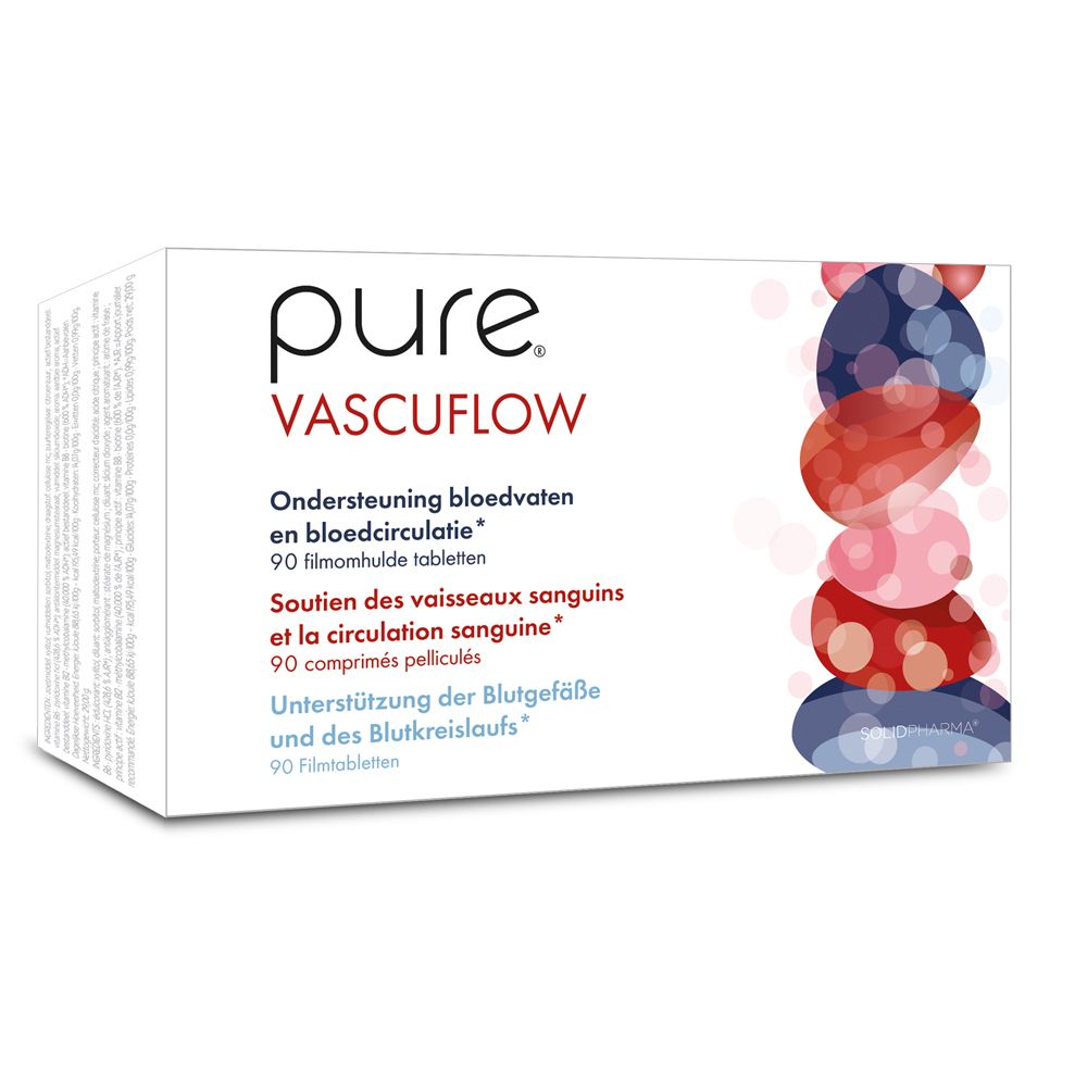 Witte doos met logo 'pure VASCUFLOW'. Tekst in het Nederlands, Frans en Duits. Illustratie van gekleurde cirkels.