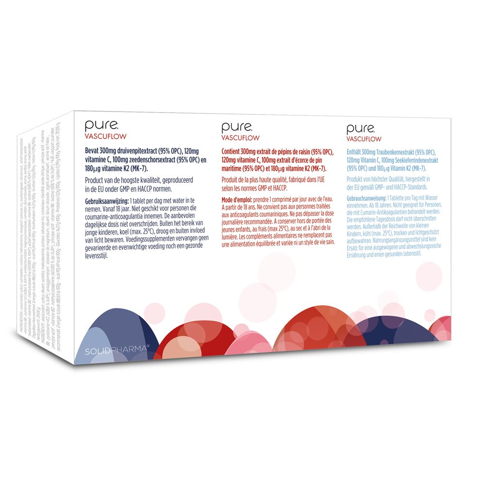 Achterkant van de witte doos met tekst in het Nederlands, Frans en Duits. Illustratie van gekleurde cirkels.