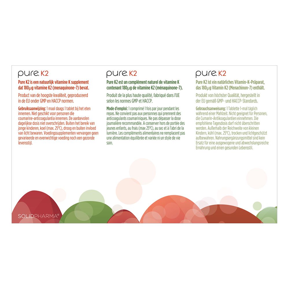 Productverpakking met tabletten in blisterverpakking. Tekst in meerdere talen. Actieve vormen van vitaminen.