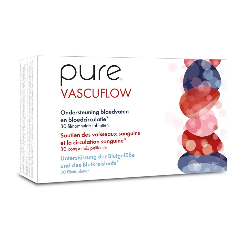 Doos van pure® Vascuflow. Bevat 30 filmomhulde tabletten. Opschrift: Ondersteuning bloedvaten en bloedcirculatie.