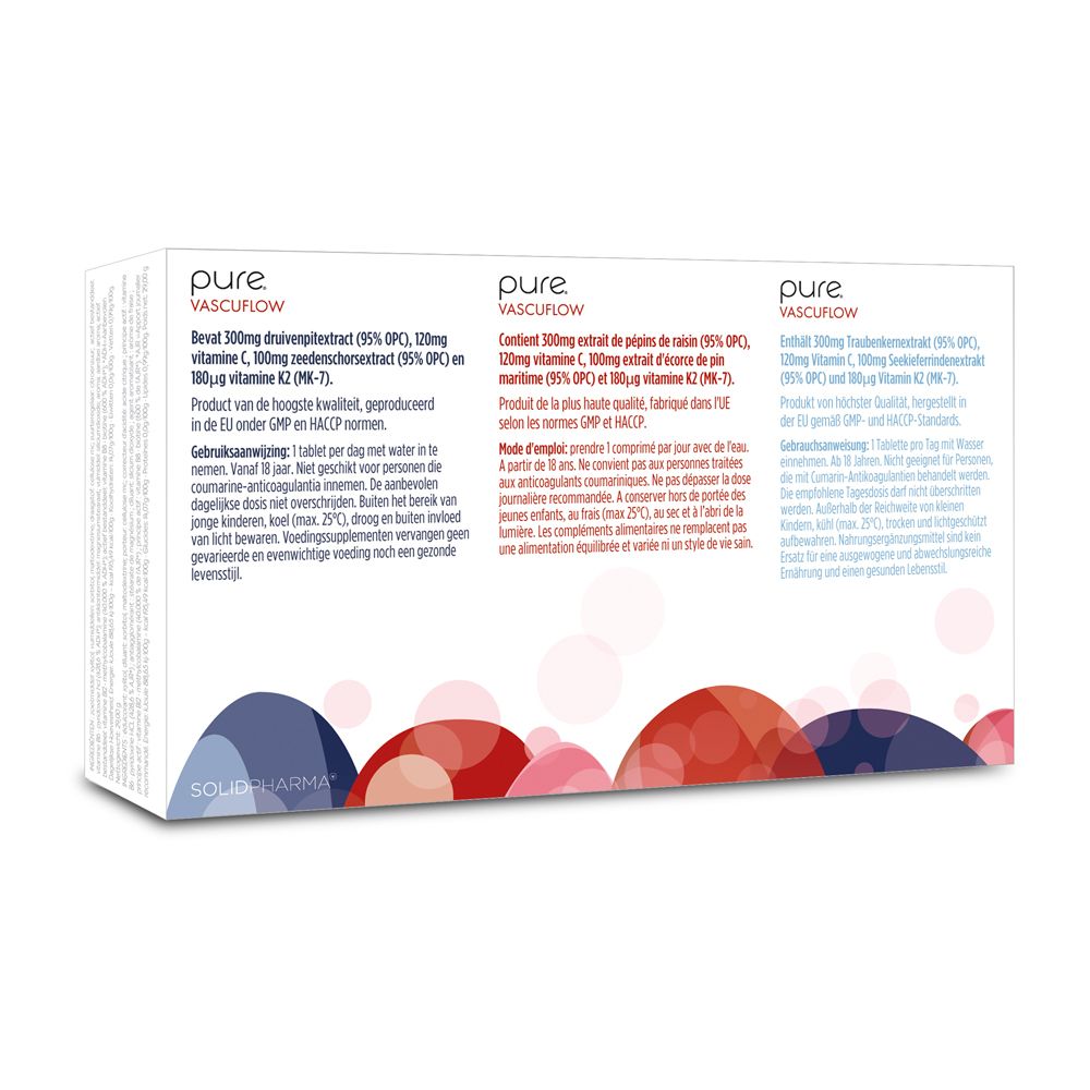 Achterkant van de doos pure® Vascuflow. Bevat 30 tabletten. Meertalige informatie.