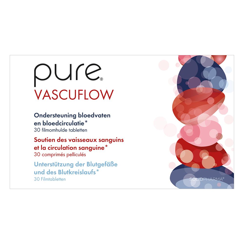 Doos van pure® Vascuflow. Bevat 30 filmomhulde tabletten. Opschrift: Ondersteuning bloedvaten en bloedcirculatie.