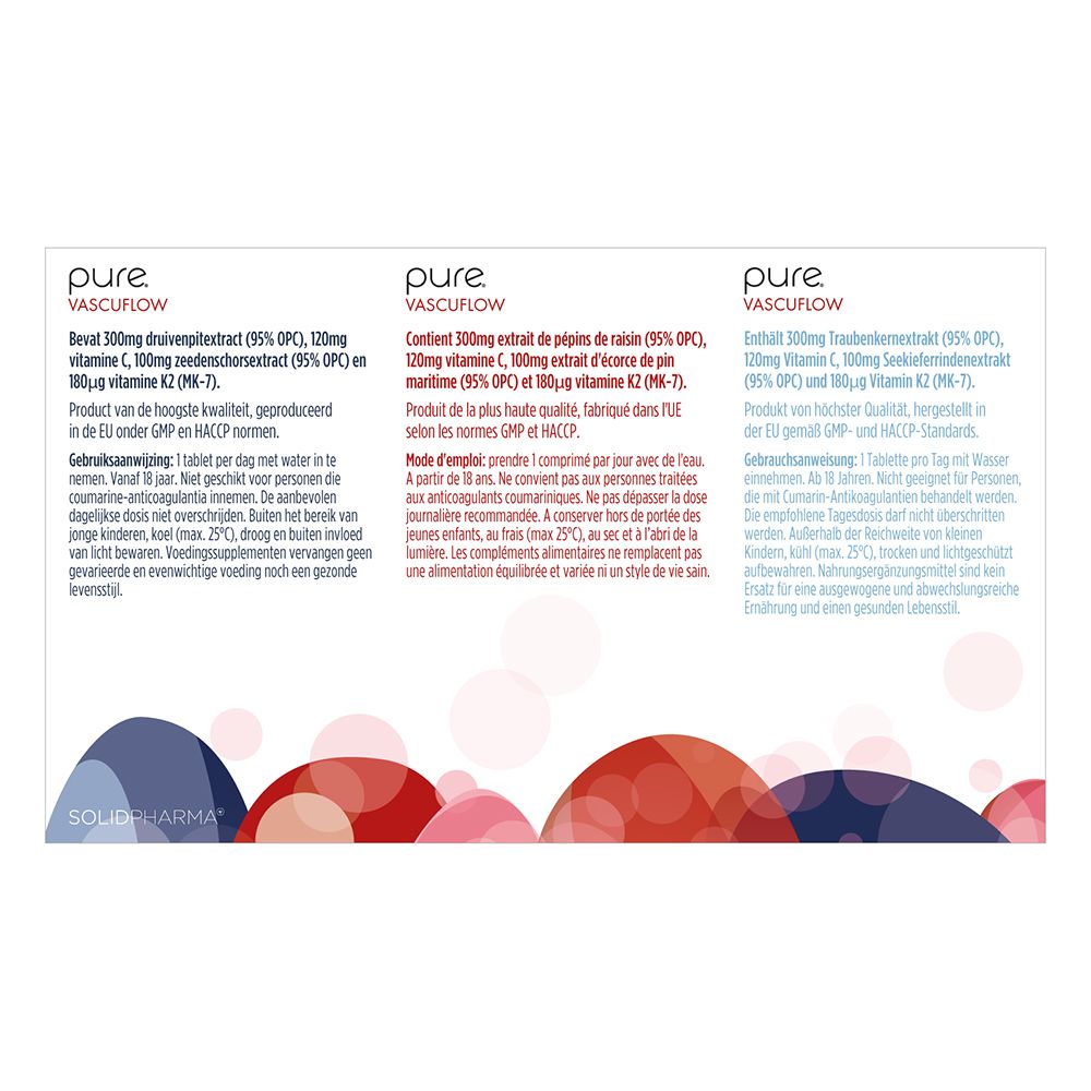 Achterkant van de doos pure® Vascuflow. Bevat 30 tabletten. Meertalige informatie.