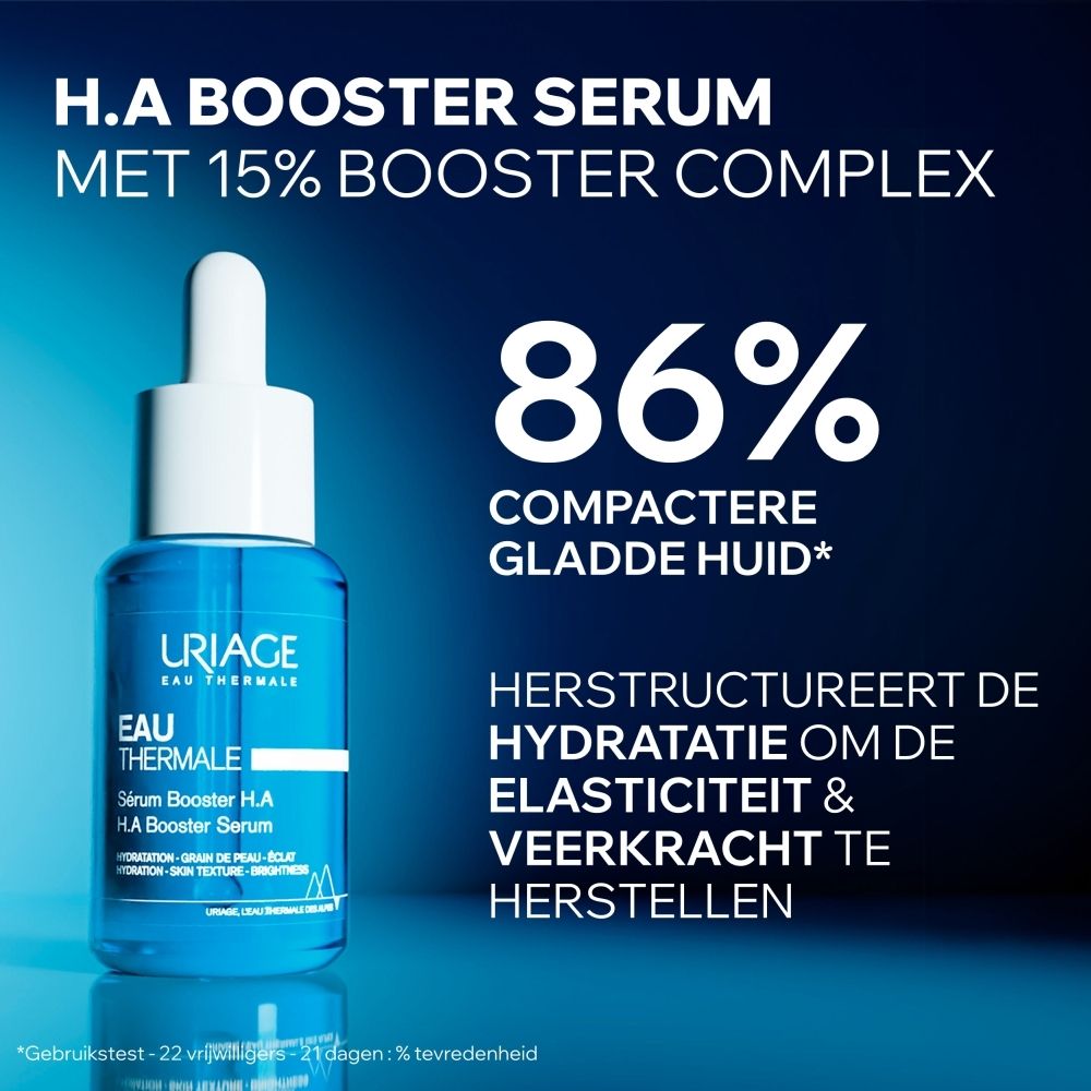 Uriage Eau Thermale Sérum Booster H.A. Achterkant van de kartonnen verpakking met productinformatie in het Nederlands.
