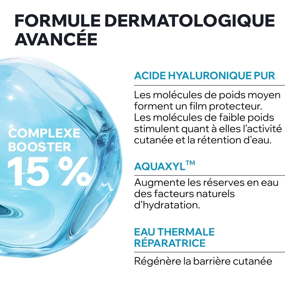 Uriage Eau Thermale Sérum Booster H.A. Vue latérale de la boîte en carton avec les bénéfices du produit en français.