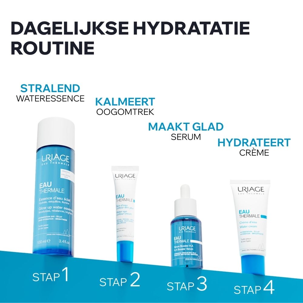 Uriage Eau Thermale Sérum Booster H.A. Kartonnen verpakking met druppelflesje en 1,5% hyaluronzuur vermelding.