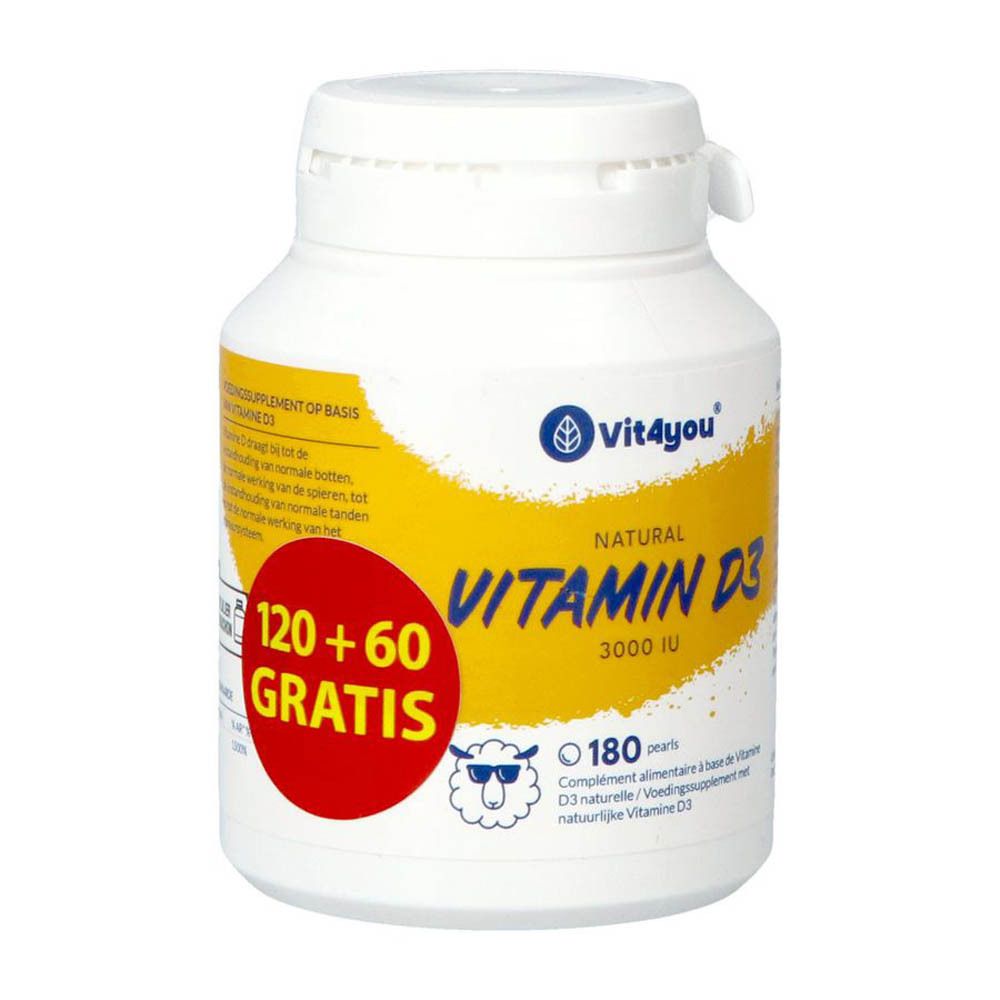 Witte fles met geel etiket. Opschrift: Vit4you, Vitamine D3 3000 UI, 120 + 60 gratis. Schaap.