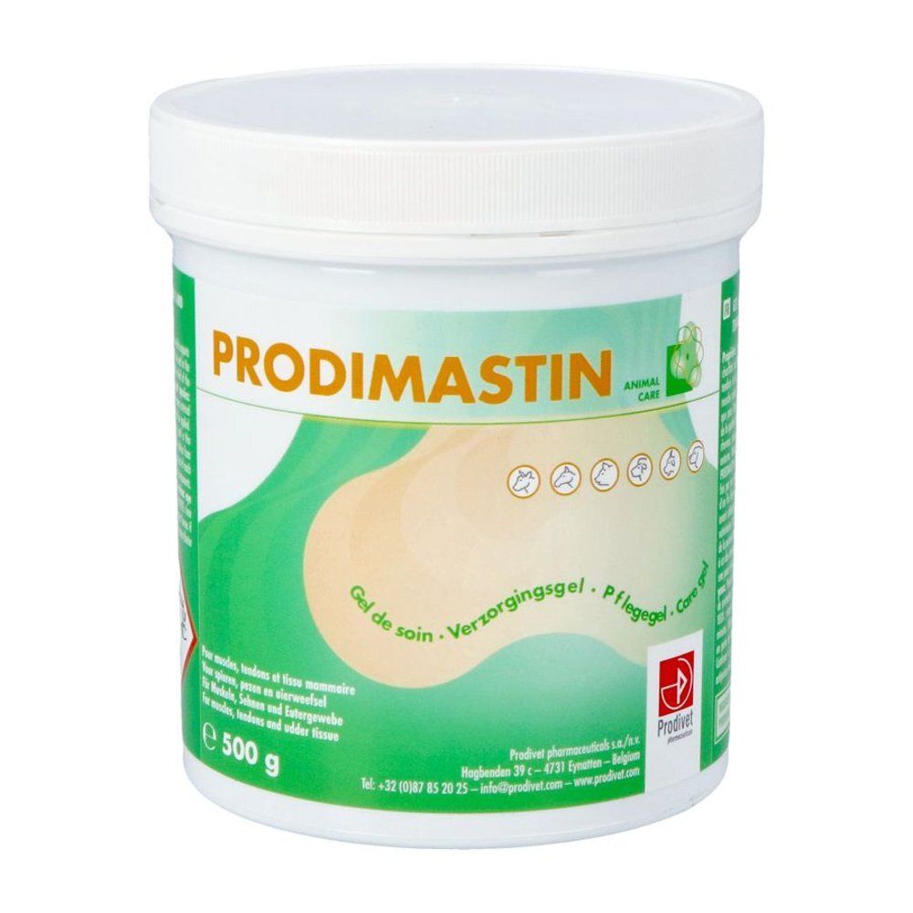 Witte pot met groen-wit etiket. Opschrift PRODIMASTIN. Gel de soin, Verzorgingsgel, Pflegegel. 500 g.