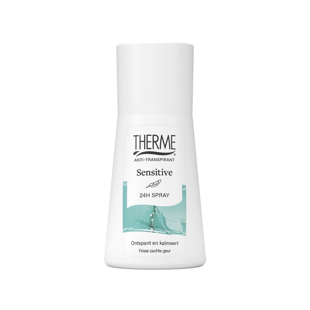 Witte roll-on container. Opschrift THERME, Antitranspirant Sensitive, 24H Spray. Turquoise grafiek.