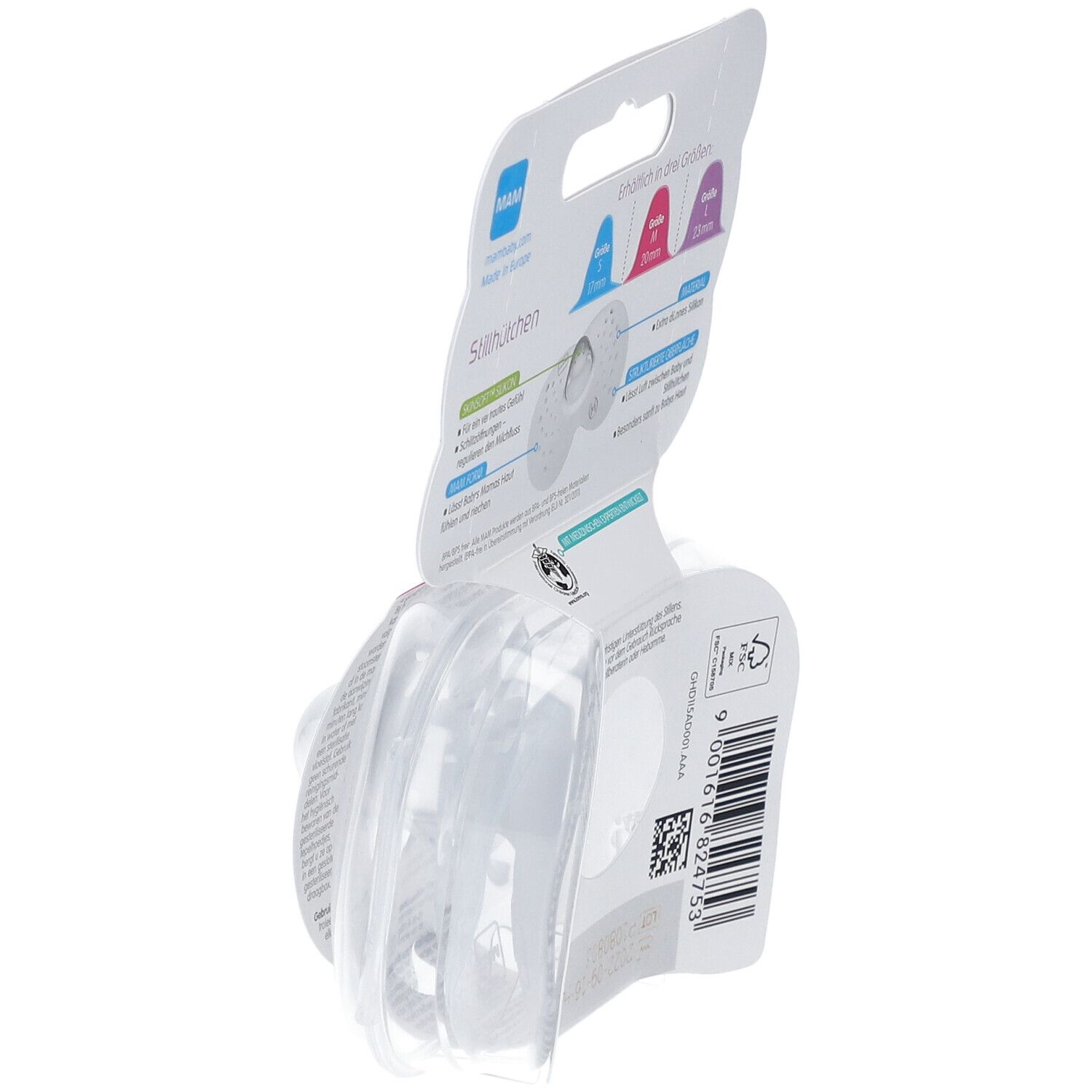 Dos de l'emballage des protège-mamelons. Tailles S, M, L. Informations sur le matériau et les caractéristiques. Vue en biais.