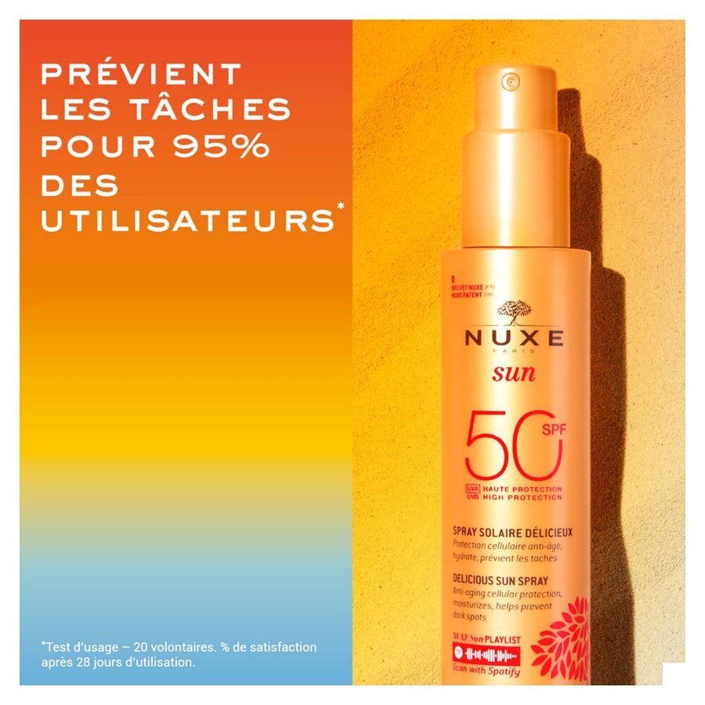 Achterkant van de NUXE zonnebrandspray SPF 50 met ingrediënten en certificeringen.