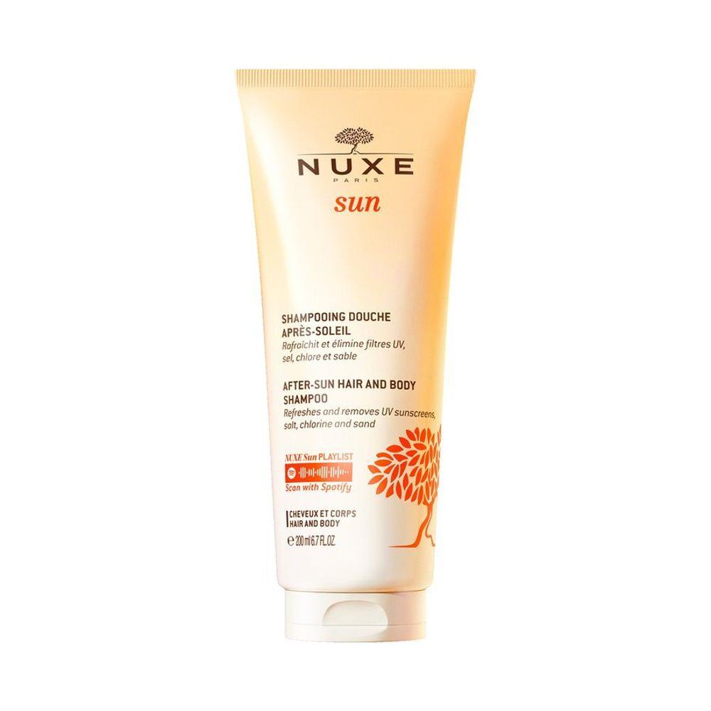 Flacon de Shampooing Après-Soleil Nuxe avec étiquette et motif arbre.