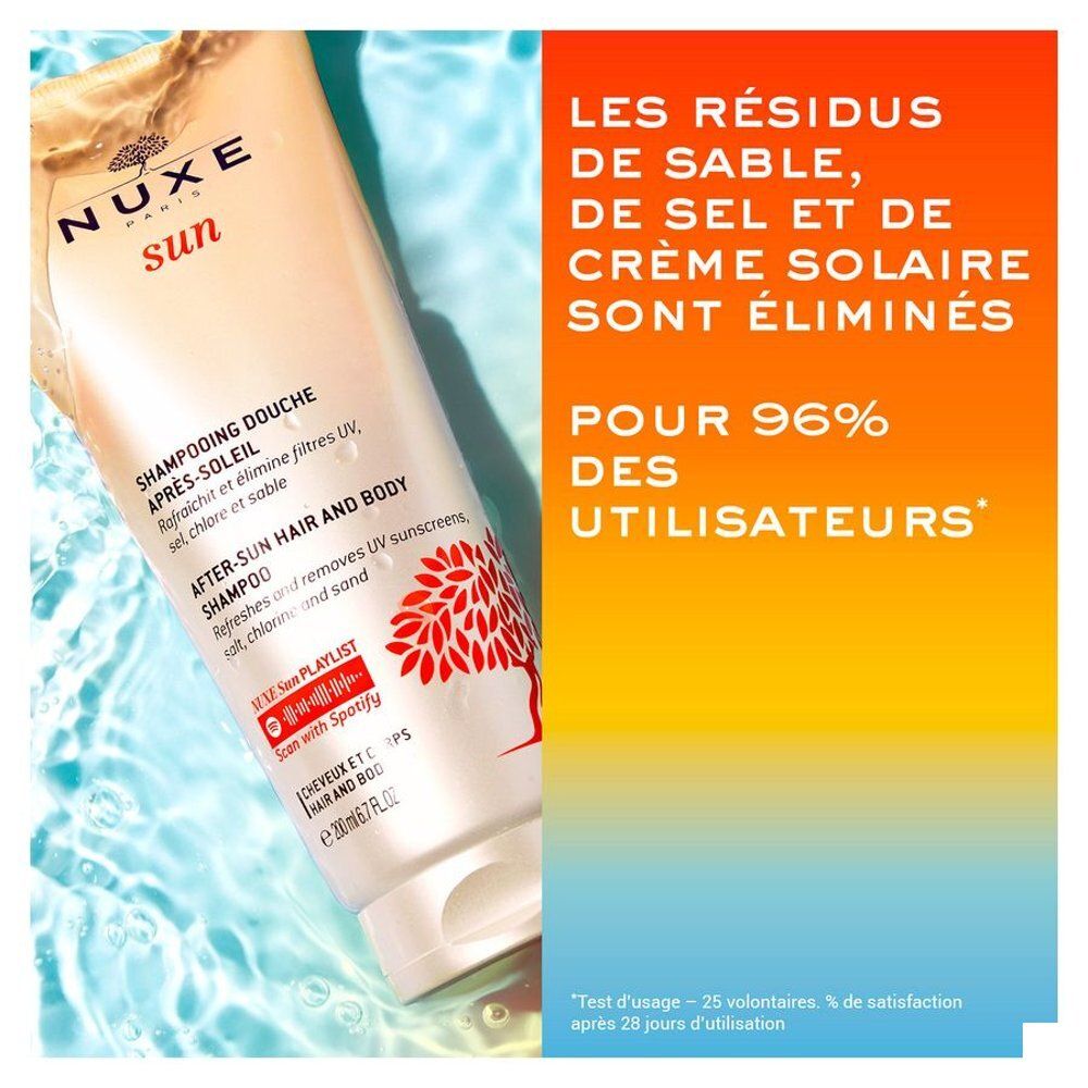 Nuxe After-Sun Shampoo fles met tekst over zand-, zout- en zonnebrandresten.