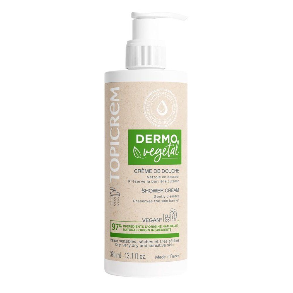 Topicrem Dermo-Vegetal Crème de douche. Flacon avec pompe. Vegan. 97% ingrédients d'origine naturelle. Peaux sèches et sensibles.