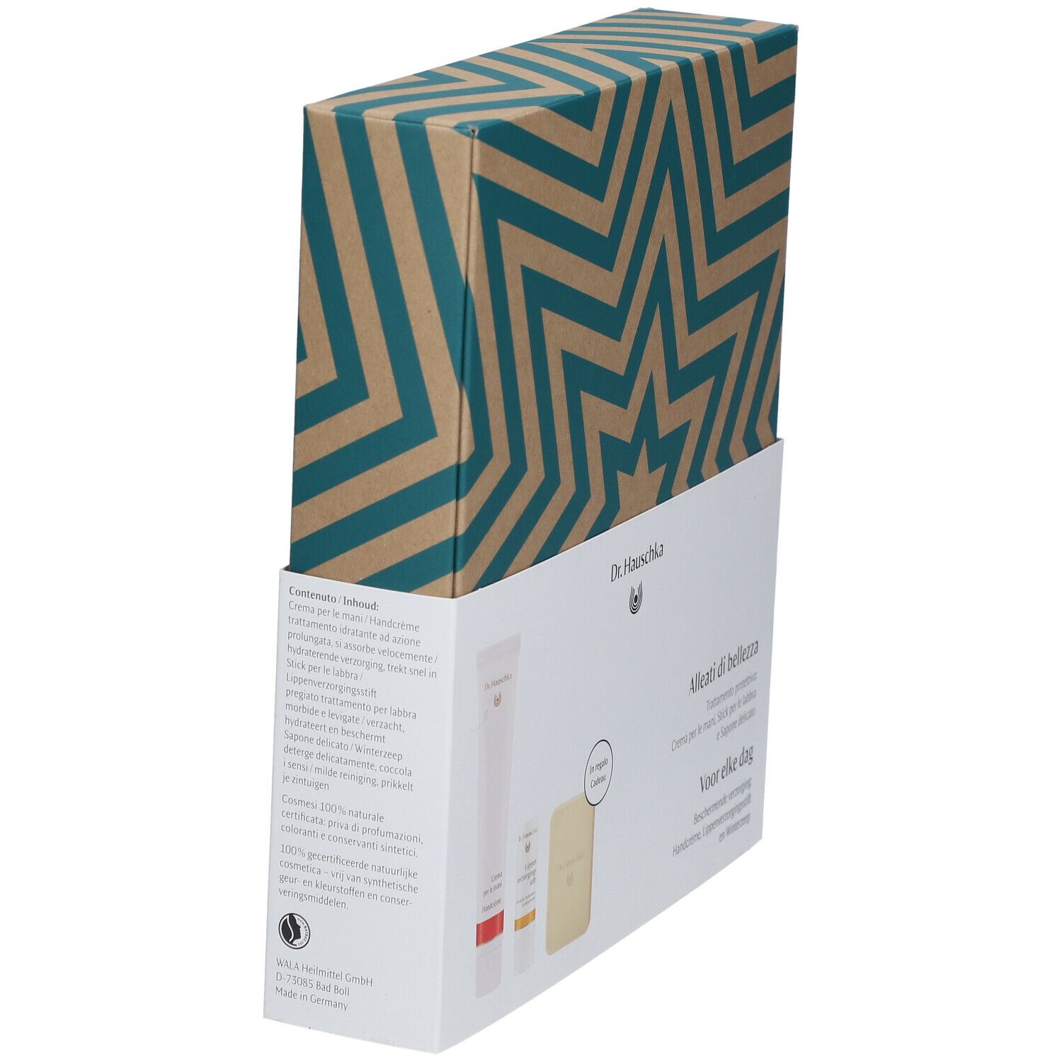 Coffret cadeau Dr. Hauschka, motif étoiles vert et marron. Contient des produits. Inscription: Coffret Cadeau Pour Tous Les Jours.
