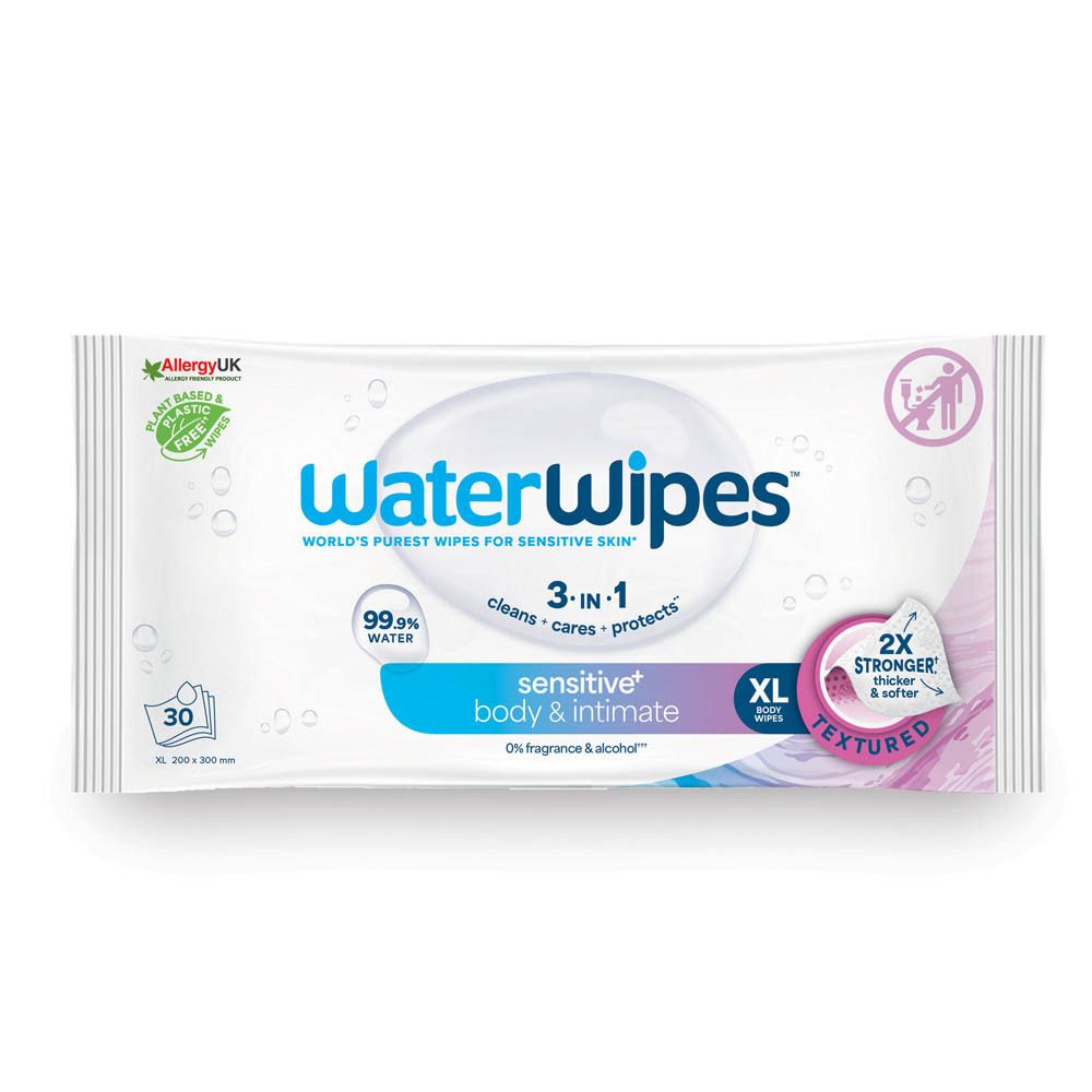 Witte WaterWipes-verpakking. Opschrift: sensitive body & intimate. Bevat 30 doekjes. XL-formaat. 2X sterker.