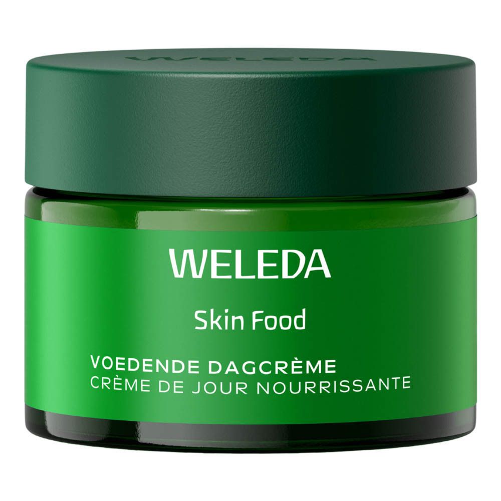 Weleda Skin Food Voedende Dagcrème in een groene glazen pot.