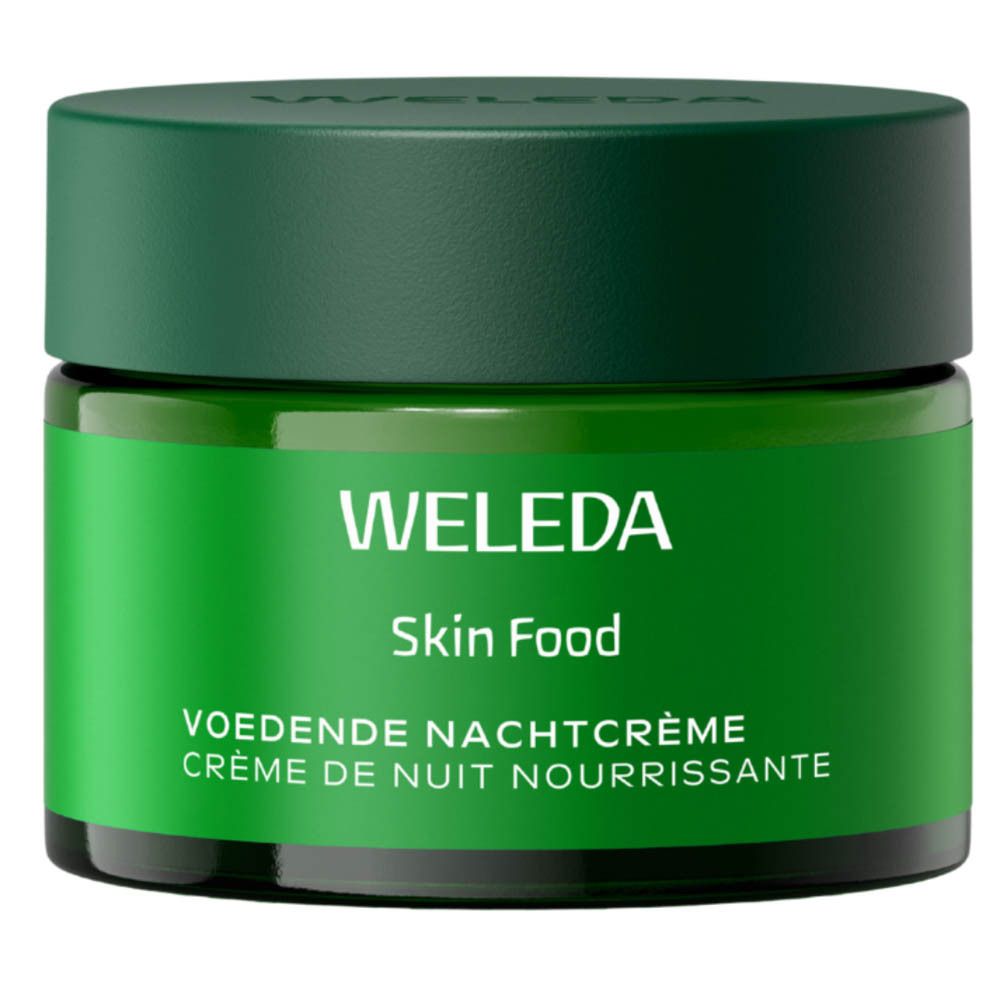 Weleda Skin Food Voedende Nachtcrème in een groene glazen pot met donker deksel.