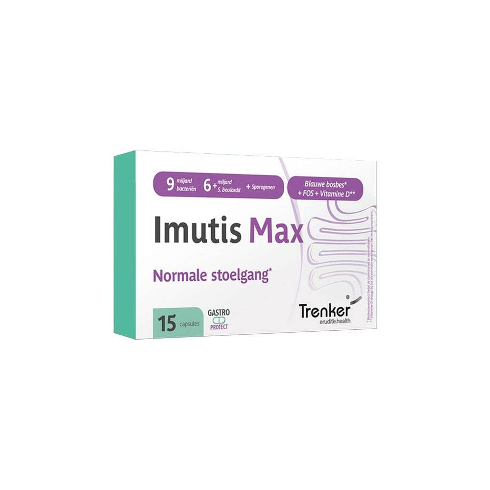 Verpakking van Imutis Max met 15 capsules.