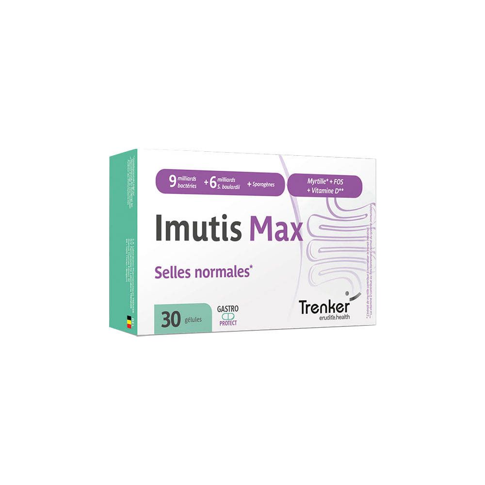 Boîte Imutis Max de 30 gélules, formule améliorée pour des selles normales.