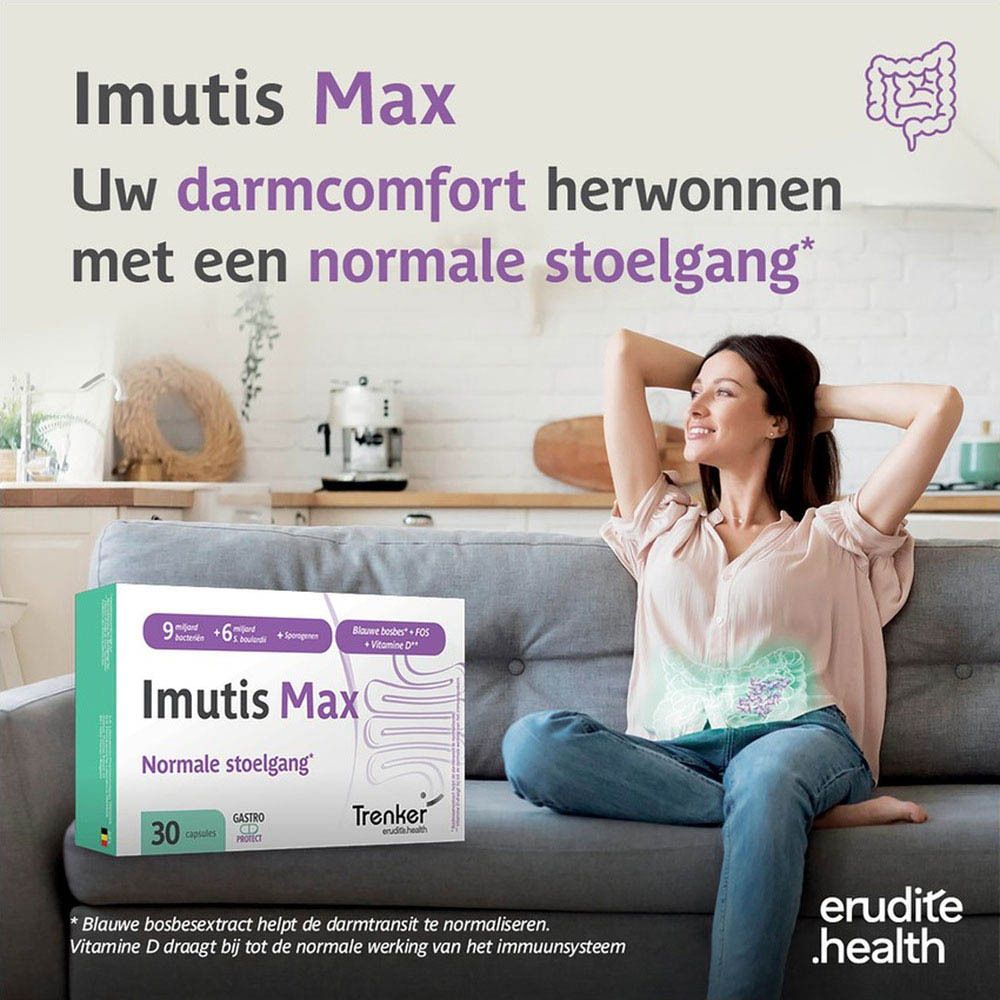 Imutis Max doosje met 30 capsules, verbeterde formule voor normale stoelgang.