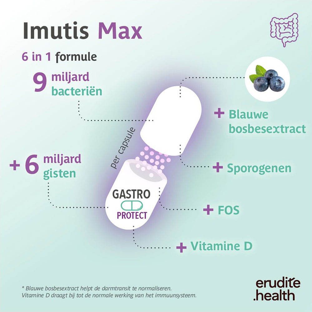 Imutis Max doos met 60 capsules, blauwe bosbesextract, FOS en vitamine D.