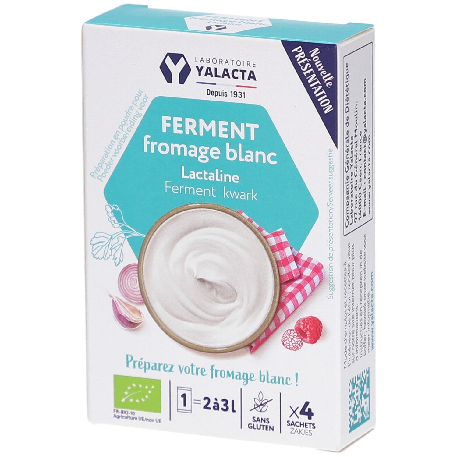 Boîte "FERMENT fromage blanc". Contient 4 sachets. Label bio. Visuel de fromage blanc et ingrédients.